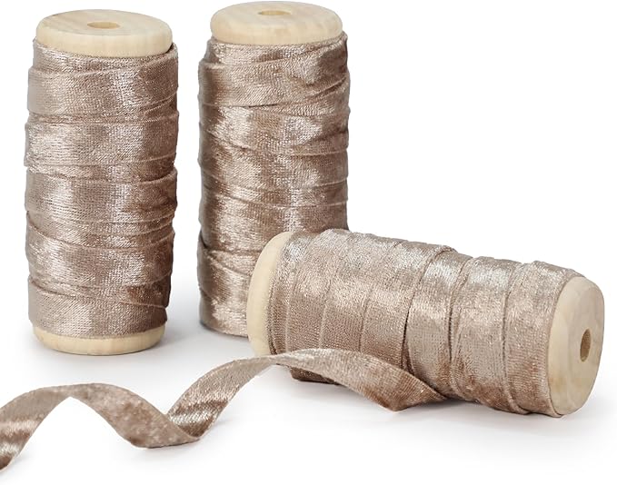 Velvet Champagne Ribbon Double-Sided Handmade Glossy Fabric Trim Wooden Spool Thin Ribbons for Christmas Tree Gift Wrapping Crafts Wedding Flower Bouquet 3/8 inch x 5YD 3 Rolls