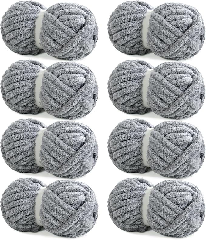 HOMBYS Grey Chunky Chenille Yarn for Hand Knitting,Fluffy Soft Jumbo Yarn Crocheting,Super Bulky Big Yarn for Chunky Blanket,Large Thick Arm Knitting Yarn,8 Pack Plush Fuzzy Yarn