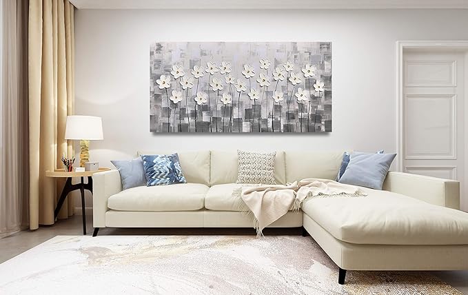 Yihui Arts Wall Art Pallet Knife Pictures Painting White Lily Bouquet of Flowers Oil Painting Floral Artwork Print on Wrapped Canvas for Walls
