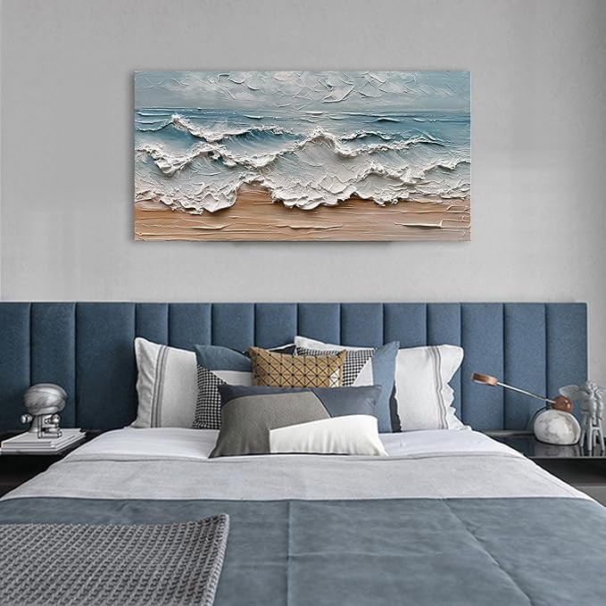 Art 30x60 inches Hand-Painted Sea Wave Beach Landscape Oil Painting Modern Abstract Canvas Art Large Oil Painting Home Office Wall Decoration