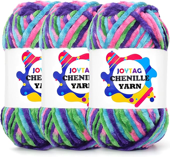 Velvet Chenille Yarn for Crocheting & Knitting - Soft, Thick, Bulky Chunky Plush Yarn - Rainbow Ocean Tone - 3 * 100g