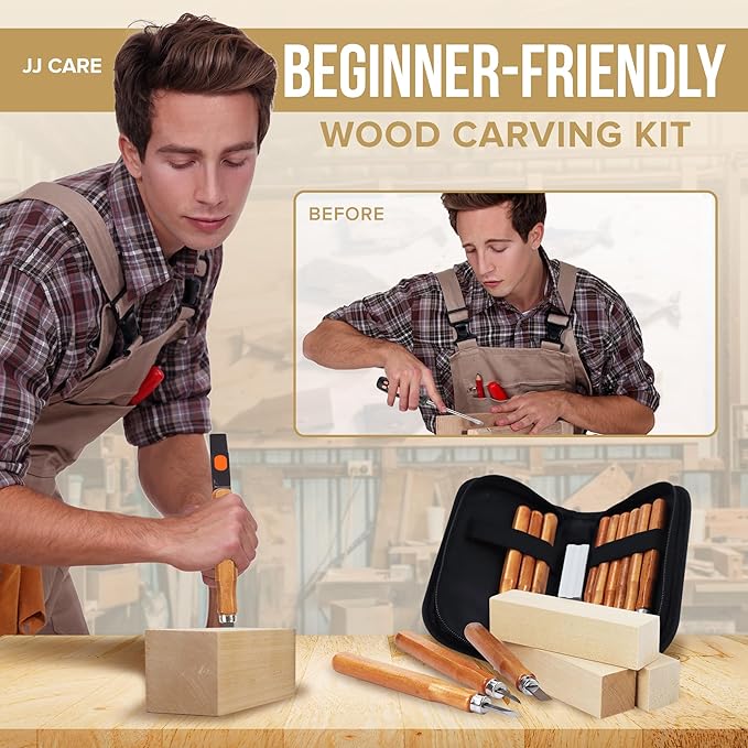 JJ CARE Wood Carving Kit, 24pcs Wood Whittling Kit with 12 SK2 Steel Carving Knives, 10 Basswood Blocks, 1 Grinding Stone & Storage Case, Gift Set for Beginners & Adults