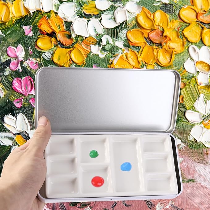 Travel Watercolor Palette, Portable Ceramic Palette 9 Well, Watercolor Palette with Lid, Empty Wet Palette Metal Paint Box with Porcelain Palettes(White Box)