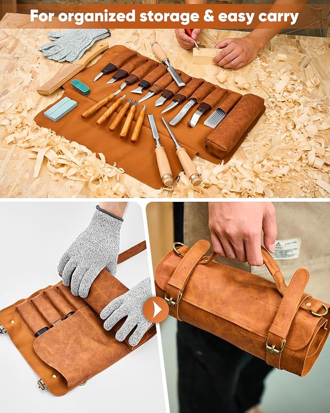 Deluxe Wood Carving Kit, 25 Piece Wood Carving Tools with Thick Leather Storage Bag,Wood Whittling Tools -Ideal Woodworking Tools and Hobbies for Beginners Enthusiasts Kids Gift DIY