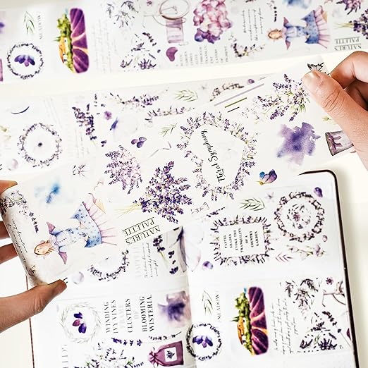 WT Pre-Cut Purple Muse Wide Washi Tape, Single Roll, Soft Purple Florals & Handwritten Script, Decorative Washi Tape for Journaling, Scrapbooking, Bujo, Planner, DIY Crafts, 70mm×5m