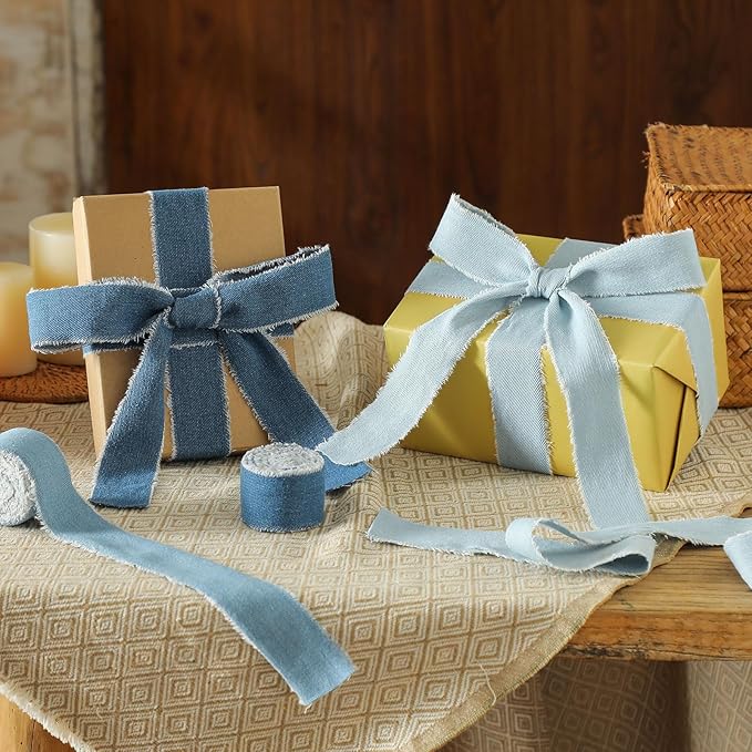 Pretty Jolly Blue Denim Ribbon for Crafts Handmade Rustic Frayed Cotton Jean Fabric Ribbon for Flower Bouquet 15 Yards 1 Inch Cloth Ribbons for Gift Wrapping Hair Sewing Accessories Holiday Decor