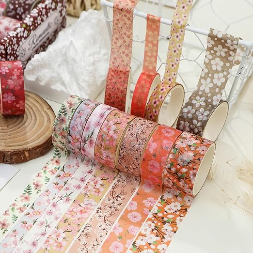 14 Rolls Sakura Washi Tape Set Flowers Arts Adhesive Tapes Cherry Blossom Decorative Masking Tape Sets for Craft, Kids, Scrapbook, DIY, Gift Wrapping (Amber Blooms)