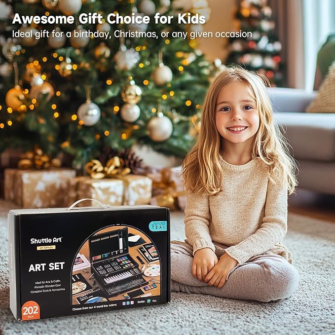 Shuttle Art Deluxe Gift Art Kit, 202-Piece Wooden Art Supplies Set with 4 Drawing Pads, Canvases, Coloring Sheets, Acrylic Paint, Crayons, Oil Pastels, Colored Pencils for Kids