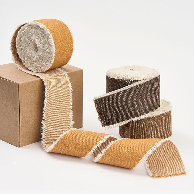 Pretty Jolly Brown Denim Ribbon for Crafts Handmade Rustic Frayed Cotton Jean Fabric Ribbon for Flower Bouquet 15 Yards 1 1/2 Inch Cloth Ribbons for Gift Wrapping Hair Sewing Accessories Holiday Decor
