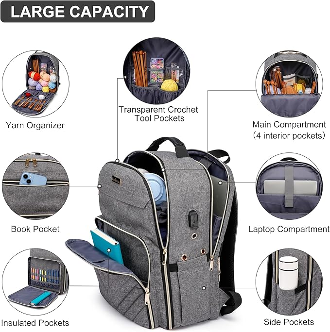 Knitting Bag Backpack, Crochet Bag Tote, Large Yarn Storage Tote Bag with USB Charging Port, Yarn Holder Case for Carrying Projects, Knitting Needles, Yarn Supplies, Grey