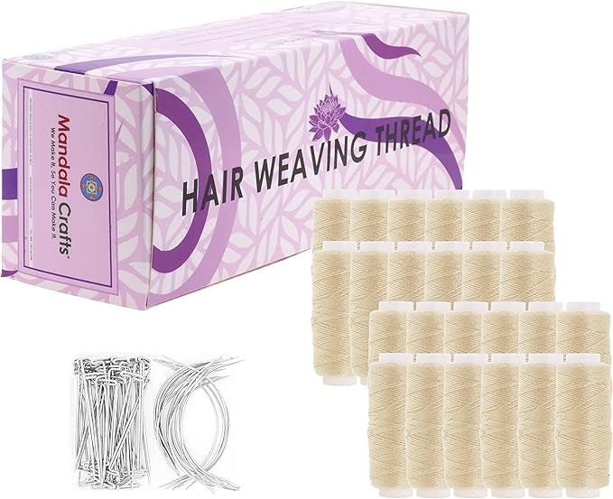Mandala Crafts Weave Needle and Thread for Extensions – 24 Rolls of Dirty Blonde Weaving Thread for Hair Sew in with 70 T Pins & Curved Needles for Wig Making and Hair Weft