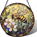 Stained Glass Window Hanging, Vintage Bee Yellow Flower Sun Catcher for Window Door Home Decor Suncatcher Christmas Mother's Day Birthday Gifts for Women Men Mom and Nana 6.3 in