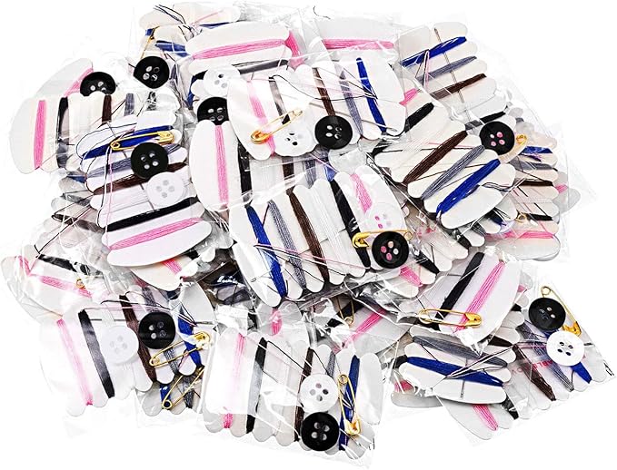 Tatuo Travel Sewing Kits Thread Repair Kit with Needles, Threads, Button, Pin for Hotel Amenities Necessities, 6 Colors (100 Sets)