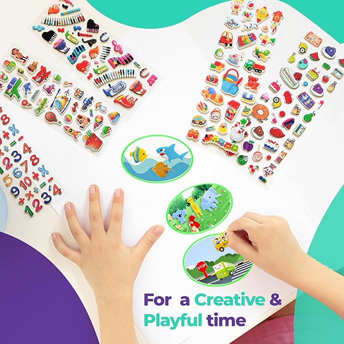 Puffy Stickers for Kids 45 Sheets - 3D Puffy Sheets - 1300+ Kids Stickers - Perfect for Party Bag Fillers, Sticker for Scrapbooking, Fun with Sticker of Cars, Letters, Numbers, Dinosaur, Stars & More