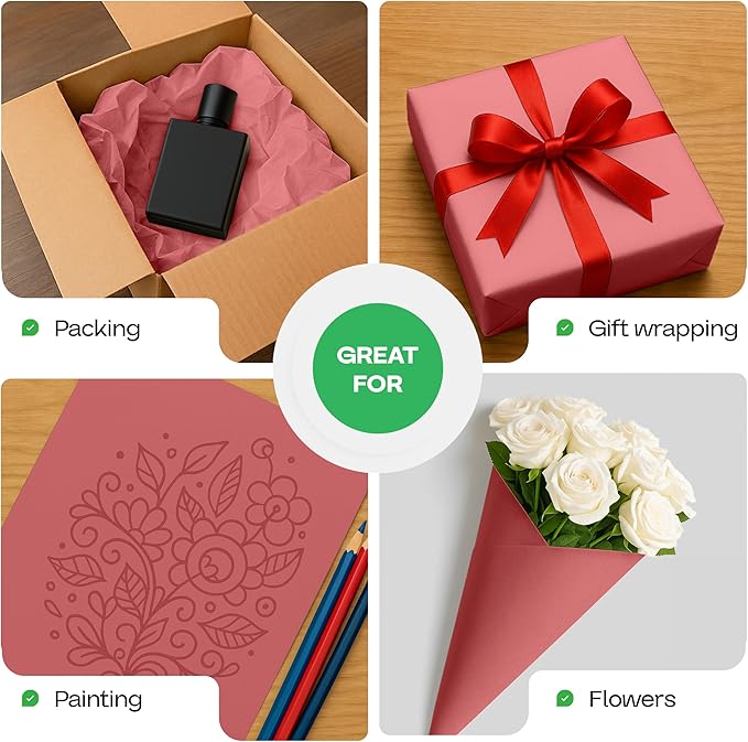 12" x 1200" (100 feet) Pink Kraft Paper Roll - USA-Made Quality Craft Paper for Gift Wrapping, Kids' Arts & Crafts, School Projects - 100% Recycled Natural Material 50lb Thickness by IDL Packaging