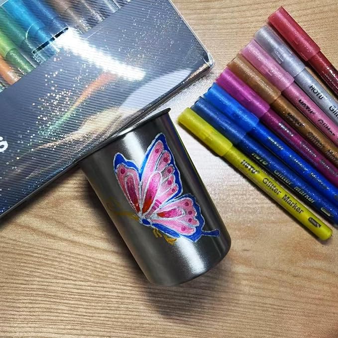 Glitter Markers Pen: 24 Sparkly Colors Metallic Marker 0.7mm Extral Fine Tip Acrylic Glitter Paint Pens for Rock Painting, Ceramic, Glass, Wood, Fabric, Scrapbooking, DIY Craft Making