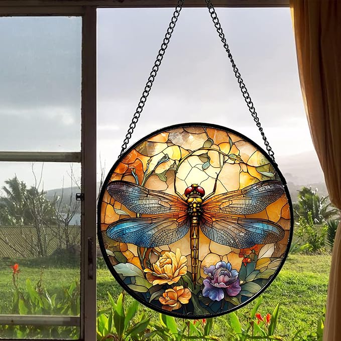 Stained Glass Window Hanging - Orange Blue Dragonfly Flower Suncatcher for Doors Window Home Sun Catchers Decor Christmas Mother's Day Birthday Outdoor Gifts for Women Men Mom Nana 11.8 in