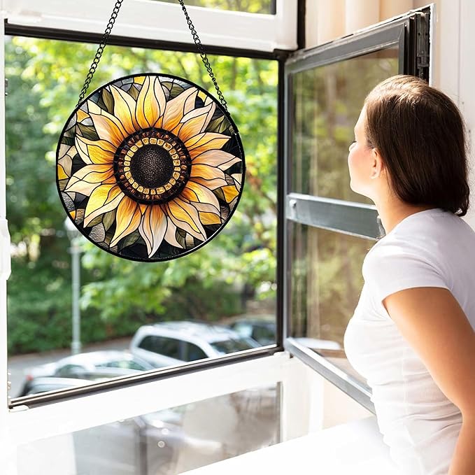 Stained Glass Window Hanging - Sunflower Suncatcher for Door Garden Patio Retro Flower Sun Catchers Decor Christmas Mother's Day Birthday Gifts for Women Mom Nana Friend Wife 15 in