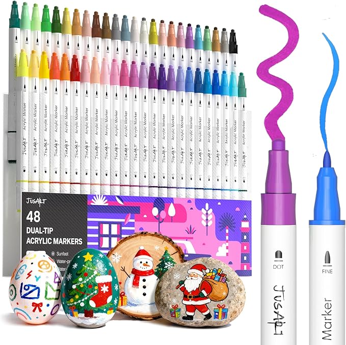 JusArt 48 Colors Dual Tip Acrylic Paint Markers with Dot and Fine Tip, No-Bleed Paint Pens and Waterproof Markers for Rock, Wood, Glass, Ceramic - Vibrant Art Supplies for Kids, Beginners & Artists