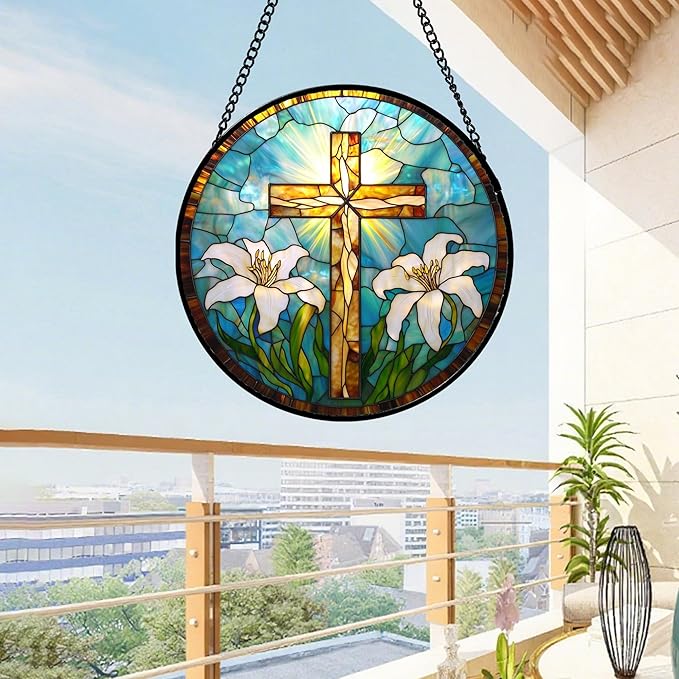 Christian Gifts for Women - Cross Stained Glass Window Hanging Jesus Easter White Lily Flower Sun Catcher Garden Religion Decor Mother's Day Catholic Gift for Men Grandma Mom Her Nana 11.8"