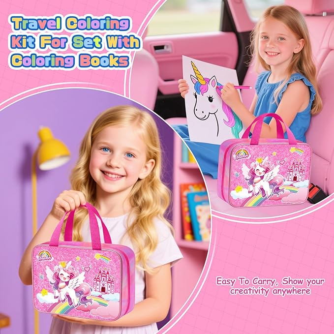 73PCS Unicorn Washable Markers Set with Glitter Pencil Case, Art Supplies and Craft for Girls Ages 4-6-8,Kids Coloring Drawing Kit with Marker,Colored Pencil,Crayon,Gel Pen,Birthday Gift Toys for Girl