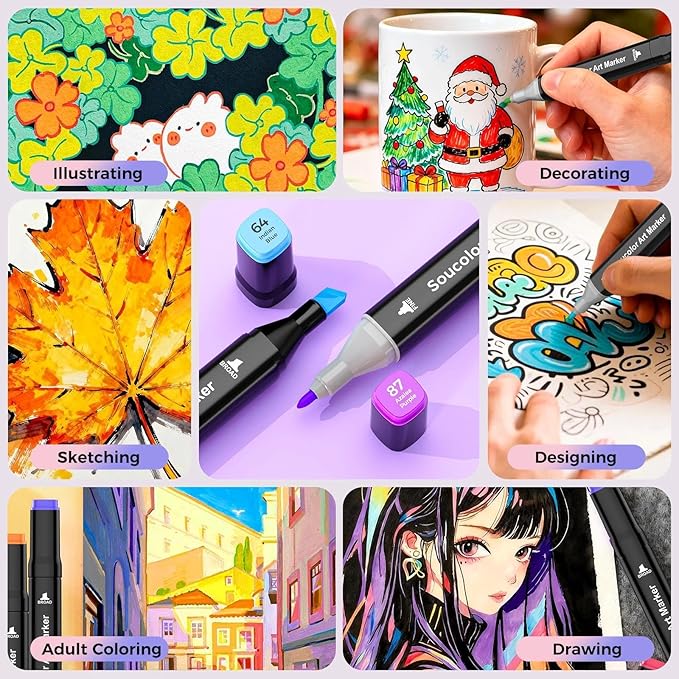 Soucolor Alcohol Markers 80 Colors with Case & Holders, Dual Tips Chisel & Fine Art Markers for Adult Coloring Kids Drawing, Artist Markers Art Supplies for Blending Sketching