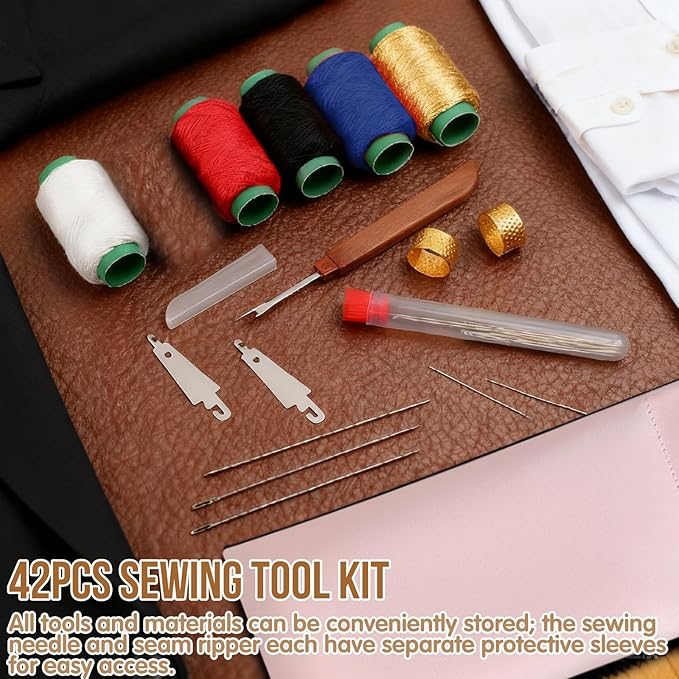 42Pcs Big Eye Steel Sewing Needles Kit, Include 30 Steel Needles, 1 Seam Sewing Thread Ripper, 2 Needle Threaders, 5 Threads, 2 Thimbles, 1 Storage Tube,1 Storage Bag for Mending, Gift for Lovers