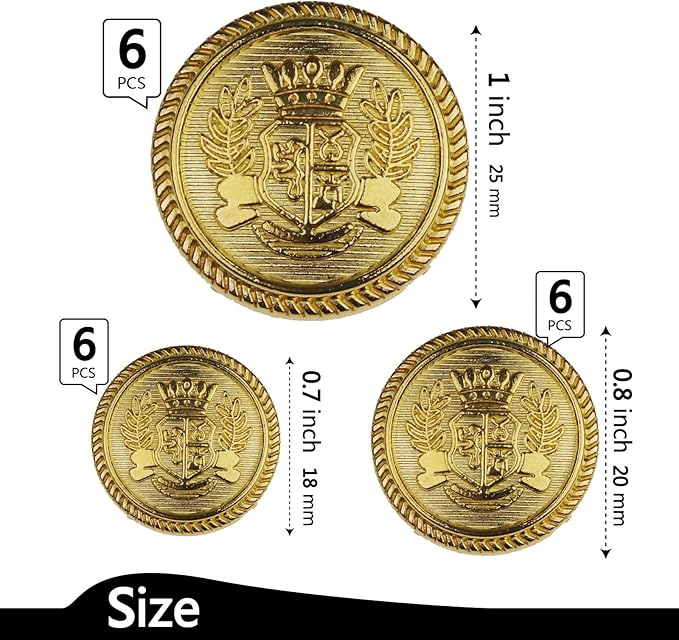 18PCS Gold Blazer Buttons for Men Replacement Buttons Suits Antique Gold Buttons for Blazer 25mm 20mm and 18mm Gold Button for Sport Coat, Uniform, Jackets Vintage Blazer Buttons Men