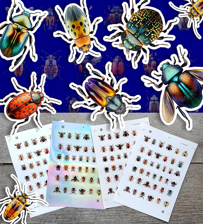 Stickers Pack (Over 150 Stickers) Colourful Illustrations of Beetles and Insects Vintage Styled Small Vinyl Stickers White Hologram Transparent