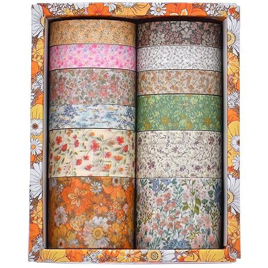 12 Rolls Flowers Washi Tape Set Floral Arts Adhesive Tapes Blooming Garden Decorative Masking Tape Sets for Craft, Kids, Scrapbook, DIY, Gift Wrapping (Evening Song)