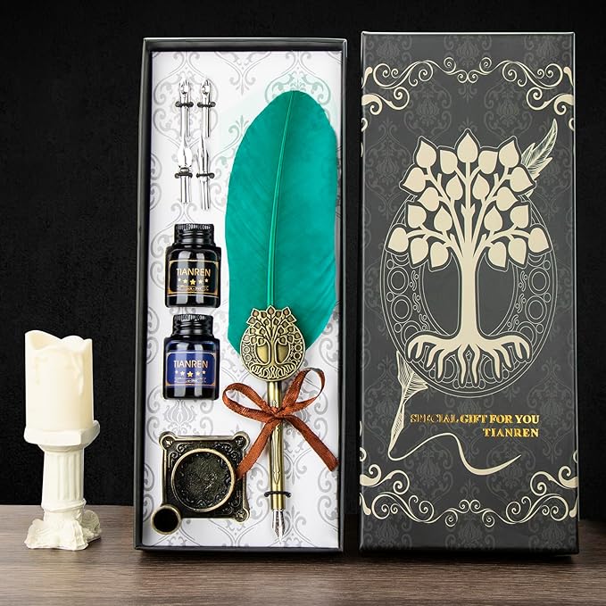 Quill pen ink set,Feather Pen and Ink Set,Antique Calligraphy Pen with 4 Replaceable Nibs,2 Bottle of ink,Feather Dip Pen Holder Christmas Gift for Men&Women.(Green)