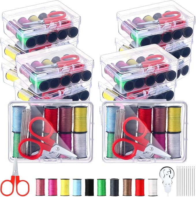 Wavwavw 12 Pcs Mini Travel Sewing Kit Small Sewing Kit Beginner DIY Supplies Needle and Thread with Scissors Hand Needles Threader for Beginner Traveler Hotel Charity Homeless