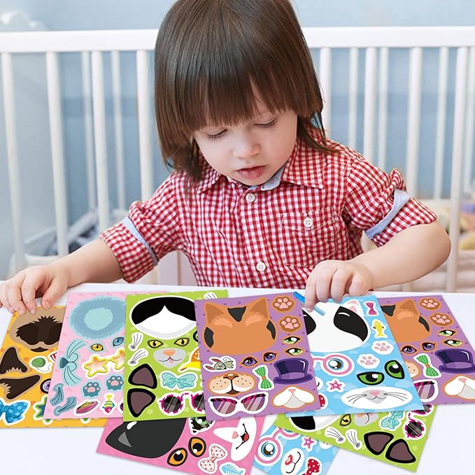 24 Sheets Cats Make a Face Stickers Make You Own Cats Stickers Animal Sticker for Kids, Birthday Gift Party Favors Supplies Teacher Art Craft, Games School Activity Reward