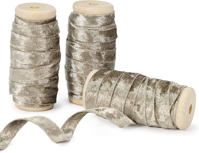 Velvet Taupe Ribbon Double-Sided Handmade Glossy Fabric Trim Wooden Spool Thin Ribbons for Christmas Tree Gift Wrapping Crafts Wedding Flower Bouquet 3/8 inch x 5YD 3 Rolls