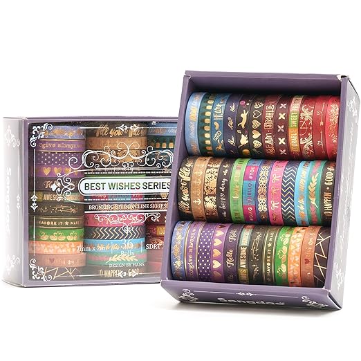 36 Rolls Skinny Washi Tape Set Gold Foil Detailing Arts Adhesive Tapes Basic Patterns Decorative Masking Tape Sets for Craft, Kids, Scrapbook, DIY, Gift Wrapping (Bronzing Letters)