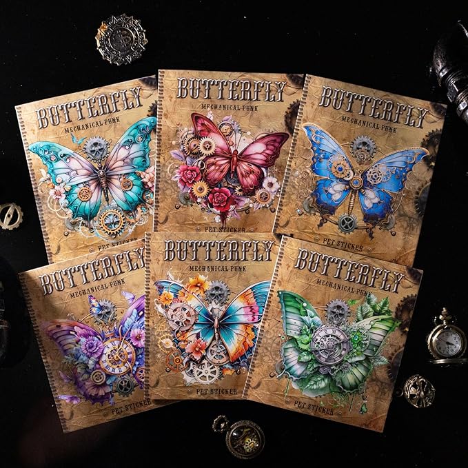 120-Piece Large Vintage Victorian Steampunk Butterfly Scrapbook Stickers – Retro Fantasy Mechanical Gear Decals for Journals, Planners,Albums Crafts, DIY Art Projects
