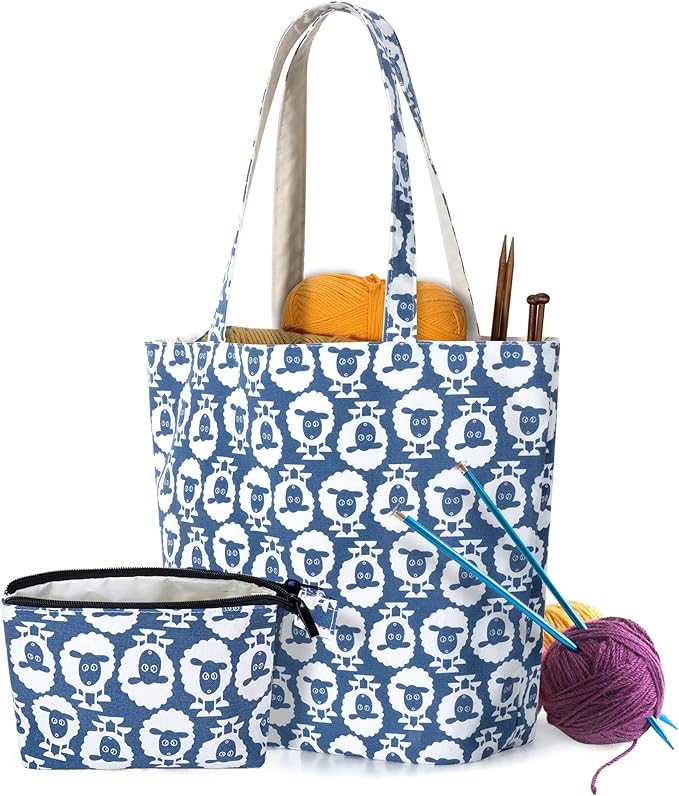 Yarwo Knitting Bag with Small Zipper Pouch, Yarn Tote for Knitting Needles, Skeins of Yarn and Crafts Supplies On the Go, Christmas & New Beginnings Gifts for Women, Sheep (Patented Design)