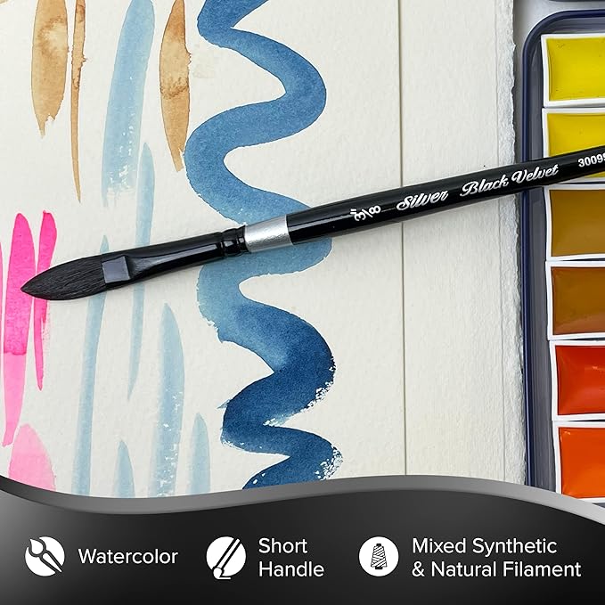 Silver Brush Limited 3009S-3/8 Black Velvet Oval Wash Paintbrush for Watercolor, Gouache, Inks, & Dyes, Size 3/8 Inch, Short Handle