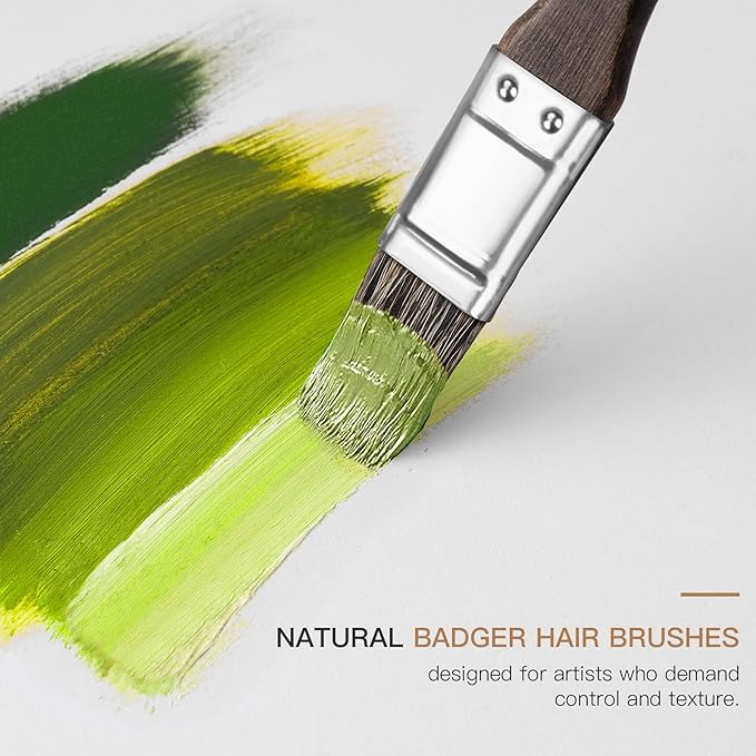 Oil Paint Brush Set, 15Pcs Fuumuui Professional Paint Blending Brushes Natural Badger Bristle with Flat, Fan, Angle, Round, Filbert for Acrylic Oil Painting with 2pc Palette Knife