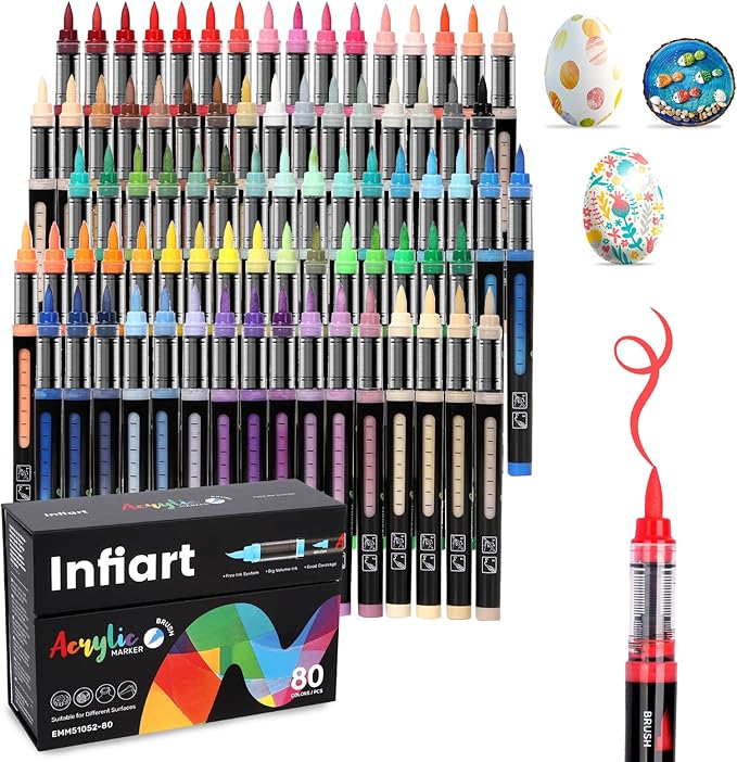 80 Colors Acrylic Paint Markers Brush Tip, Automatic Ink Control Acrylic Paint Pens Waterproof Acrylic Markers Set for Christmas Decorations, Stone, Wood, Glass, DIY & Art Supplies
