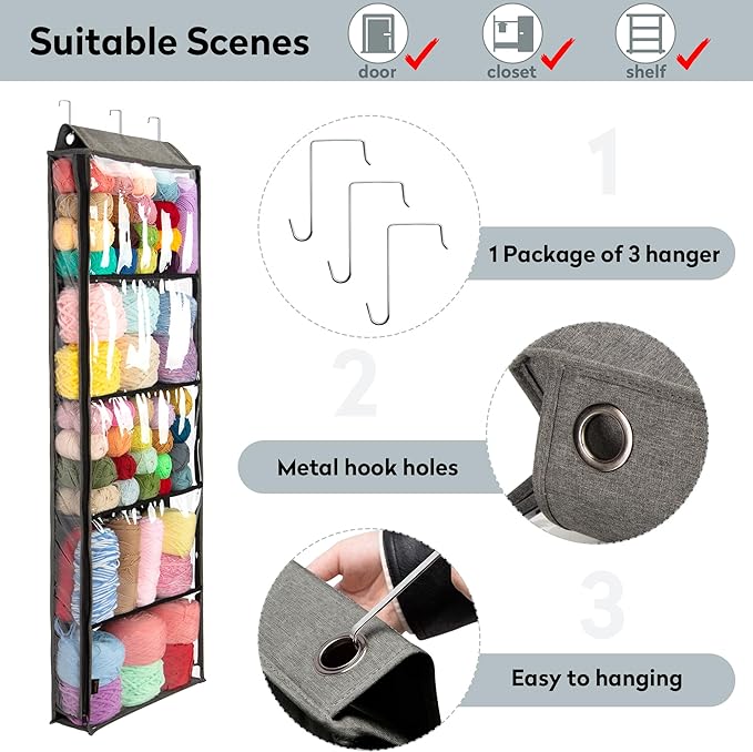 PACMAXI Hanging Yarn Storage Knitting Organizer Storage with 5 Compartments, Clear Wall Display Bulk Yarn Organizer for Knitting Needles, Crochet Hooks(Large Size) (dark grey)