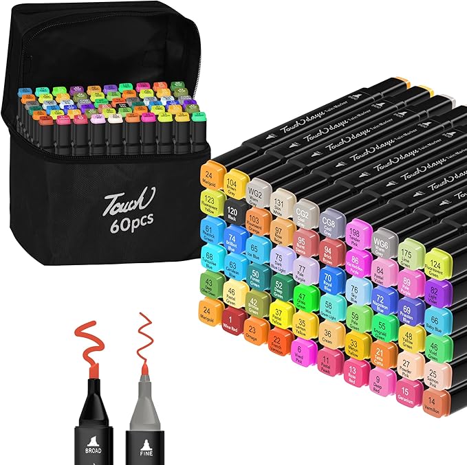Alcohol Markers,60 Colors Dual Tip Art Marker,Drawing Sketching Coloring Artist Pens and Underlining,Art Markers for Adults Drawing Marker Coloring Painting Perfect with Broad and Fine Tips for Adult