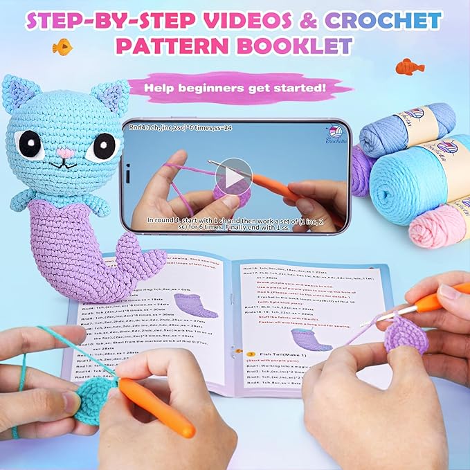 Crochetta Crochet Kit for Beginner, Crochet Starter Kit with Step-by-Step Video Tutorials, Learn Crochet Kits for Adults Women Men Complete Kit Included, 1 Pack Mermaid Cat(40%+ Yarn)