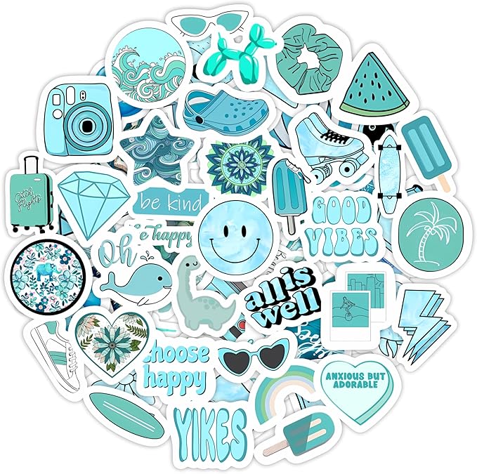 BulbaCraft 100Pcs Teal Stickers, Blue Stickers for Water Bottle and Laptop - Teal Party Supplies & Decorations, Waterproof Vinyl Decals, Gifts for Women & Men