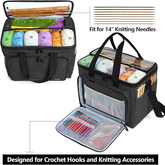 Teamoy Knitting Bag, Yarn Tote Organizer with Inner Divider (Sewn to Bottom) for Crochet Hooks, Knitting Needles(Up to 14”), Project and Supplies, Black -No Accessories Included