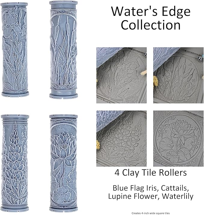 Water’s Edge 4-Pack Clay Texture Rollers (4") - Flower Set #02 - Embossing Pattern Rollers for Polymer & Ceramic Clay, Pottery & Crafts