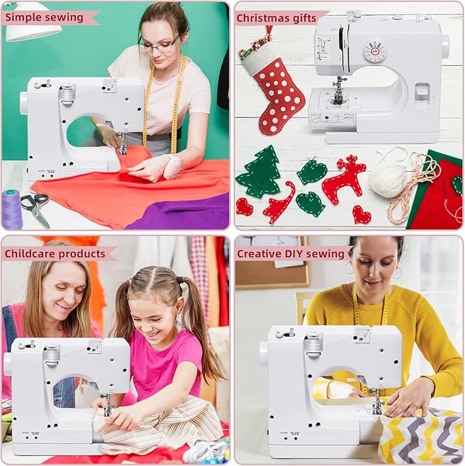 Portable Mini Sewing Machine for Beginners, Easy to Use with LED Light, 12 Built-in Stitches, 2 Speed with Foot Pedal, Reverse Sewing & 42-Piece Kit for Adults, Home, Travel, and Craft Projects