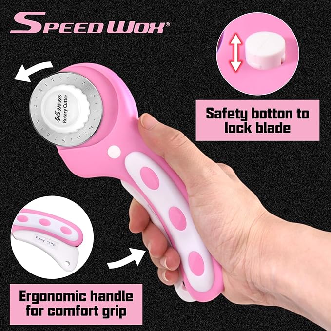 SPEEDWOX 45mm Rotary Cutter with 8 Extra Blades Handle Rolling Cutter with Safety Lock with Safety Lock for Fabric, Leather, Crafting, Sewing, Quilting - Ambidextrous Design for Left & Right Hand