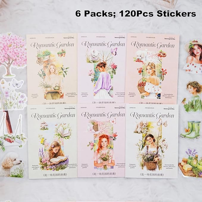 Garden Girl Sticker Set, 120PCS PET Vintage Nature Stickers for Journaling, Scrapbooking, Planner Supplies and DIY Crafts