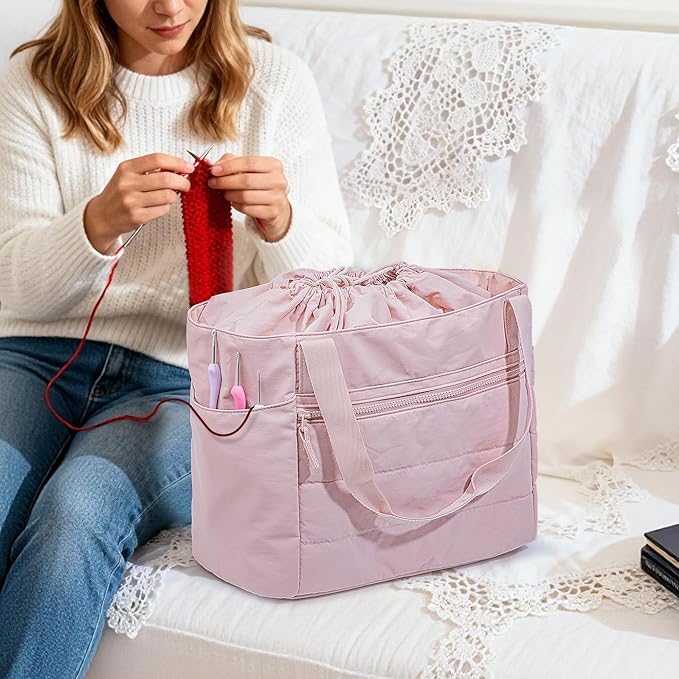 Teamoy Large Knitting Bag Tote, Puffer Yarn Storage Bag, Drawstring Crochet Bag Organizer for Yarn Skeins and Crocheting Supplies, Pink